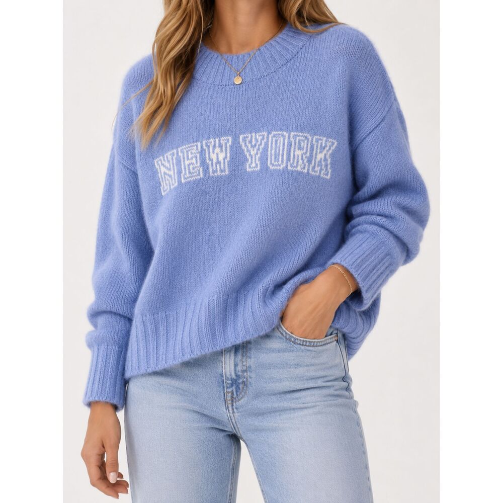 NWT American Eagle Oversized New York Fuzzy Knit Sweater Blue Women's S